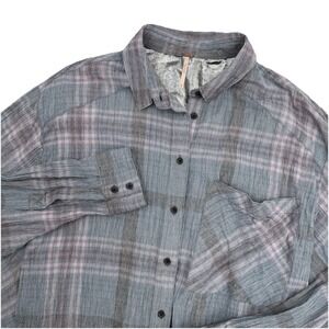Free People Cropped Cutie Plaid Button Front Cotton Shirt Blue Gray Size Medium‎